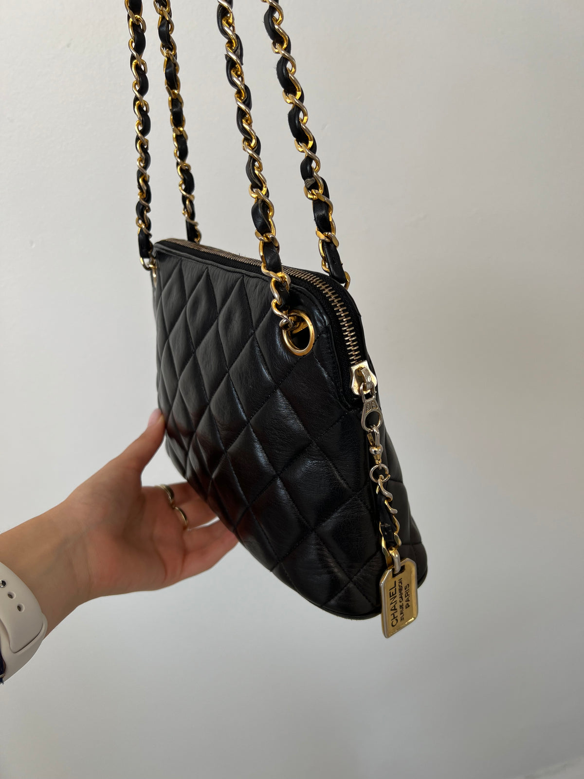 Chanel Black Leather Vintage Quilted Dome Bag