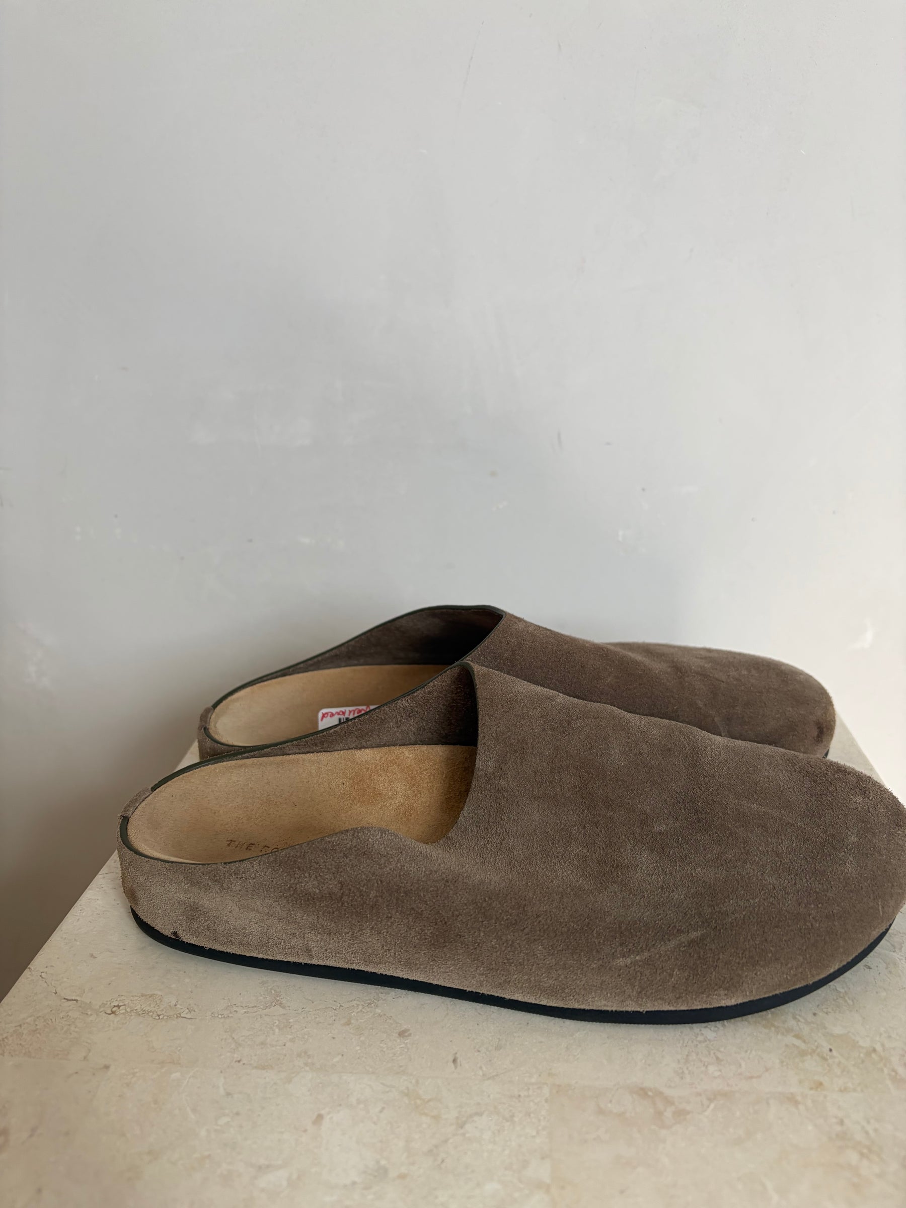 The Row Hugo Suede Slides Taupe, 37.5