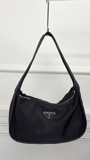 Prada Black Nylon Leather Trimmed Shoulder Bag
