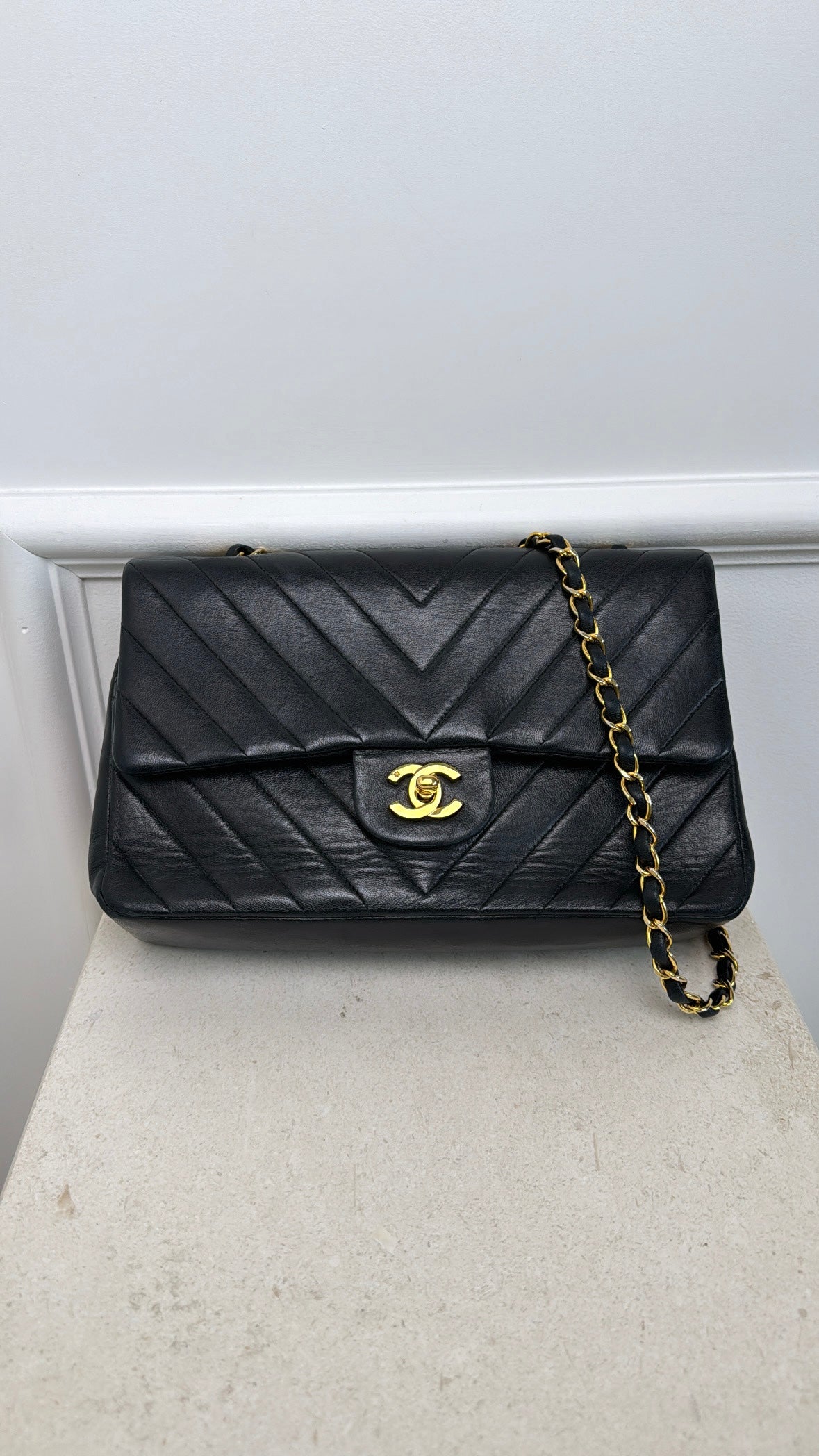 Chanel Black Chevron Leather Small Classic Flap