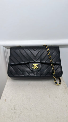 Chanel Black Chevron Leather Small Classic Flap