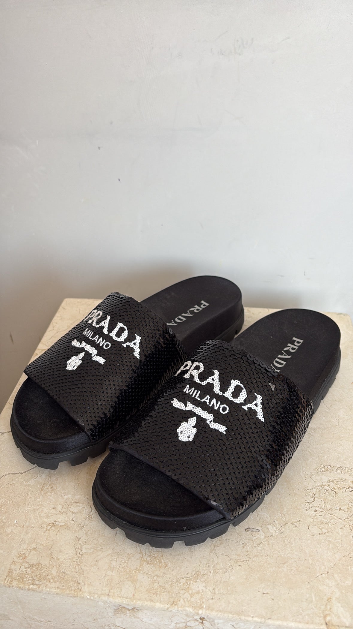 Prada Black Sequiin Logo Slides, 36.5