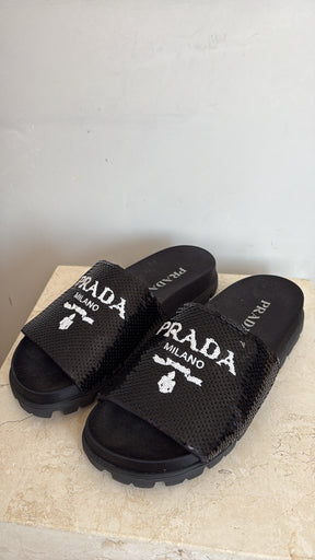 Prada Black Sequiin Logo Slides, 36.5