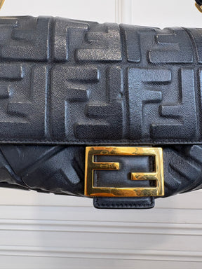 Fendi Black Leather Debossed Monogram Baguette Bag