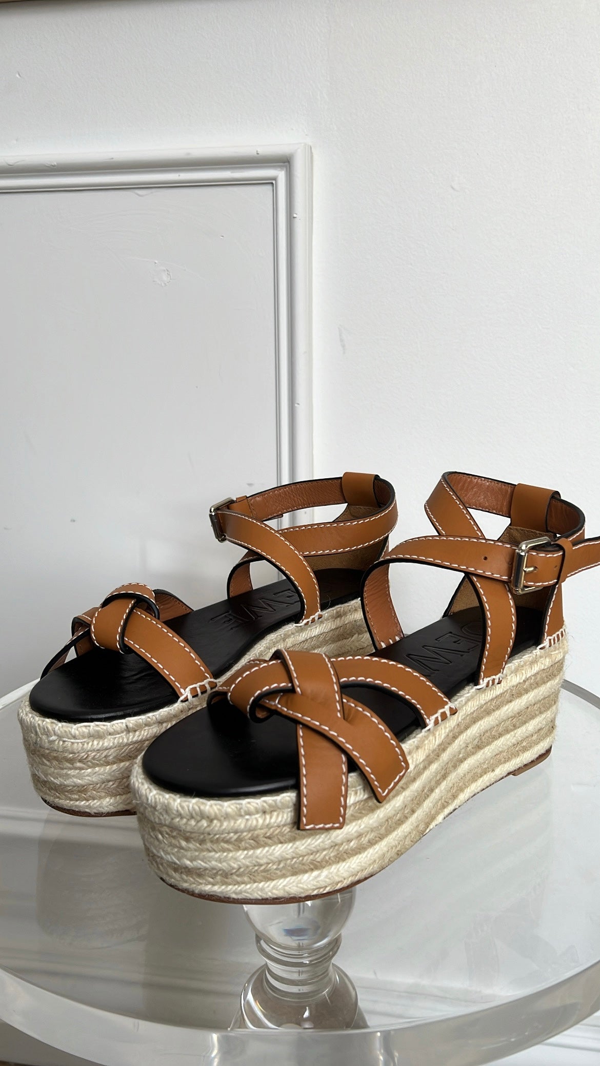 Loewe Tan Leather Gate Wedge Espadrille Sandals, 41