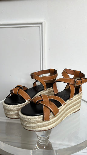 Loewe Tan Leather Gate Wedge Espadrille Sandals, 41