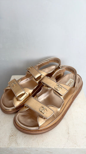 Chanel Rose Gold Leather Dad Sandals, 41.5C