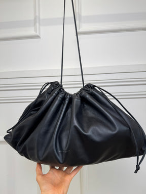 Studio Amelia Black Leather Logo Drawstring Pouch with Strap