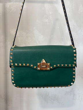 Valentino Rockstud Glam Lock Shoulder Bag In Green Black Trim