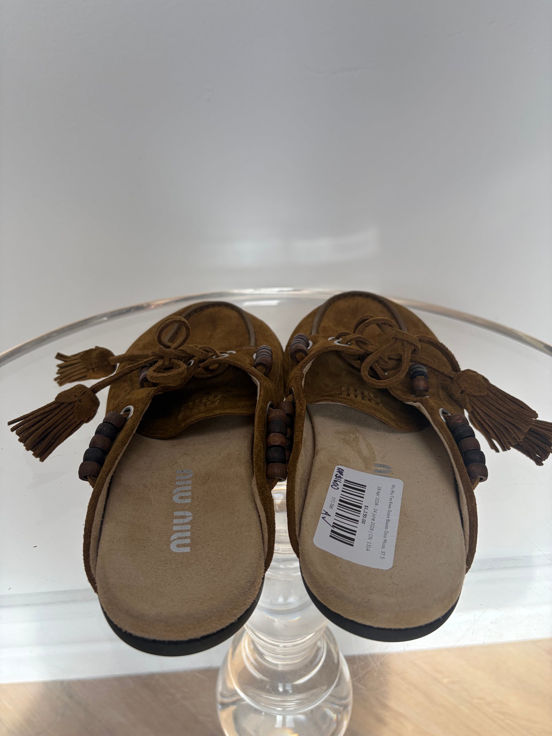 Miu Miu Tan Khaki Suede Beaded Deck Mules, 37.5