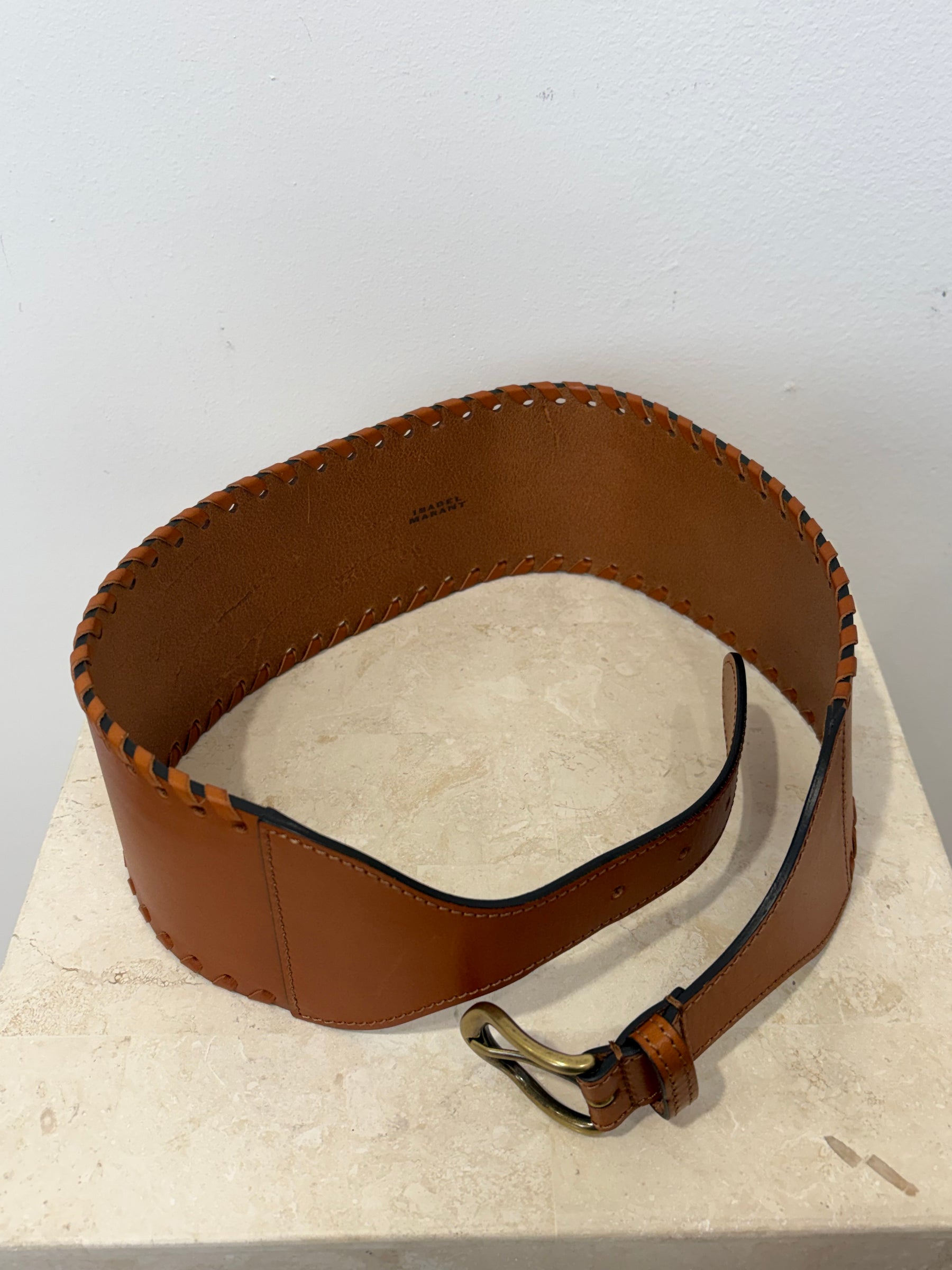 Isabel Marant Tan Leather Whipstitch Waist Belt, 80
