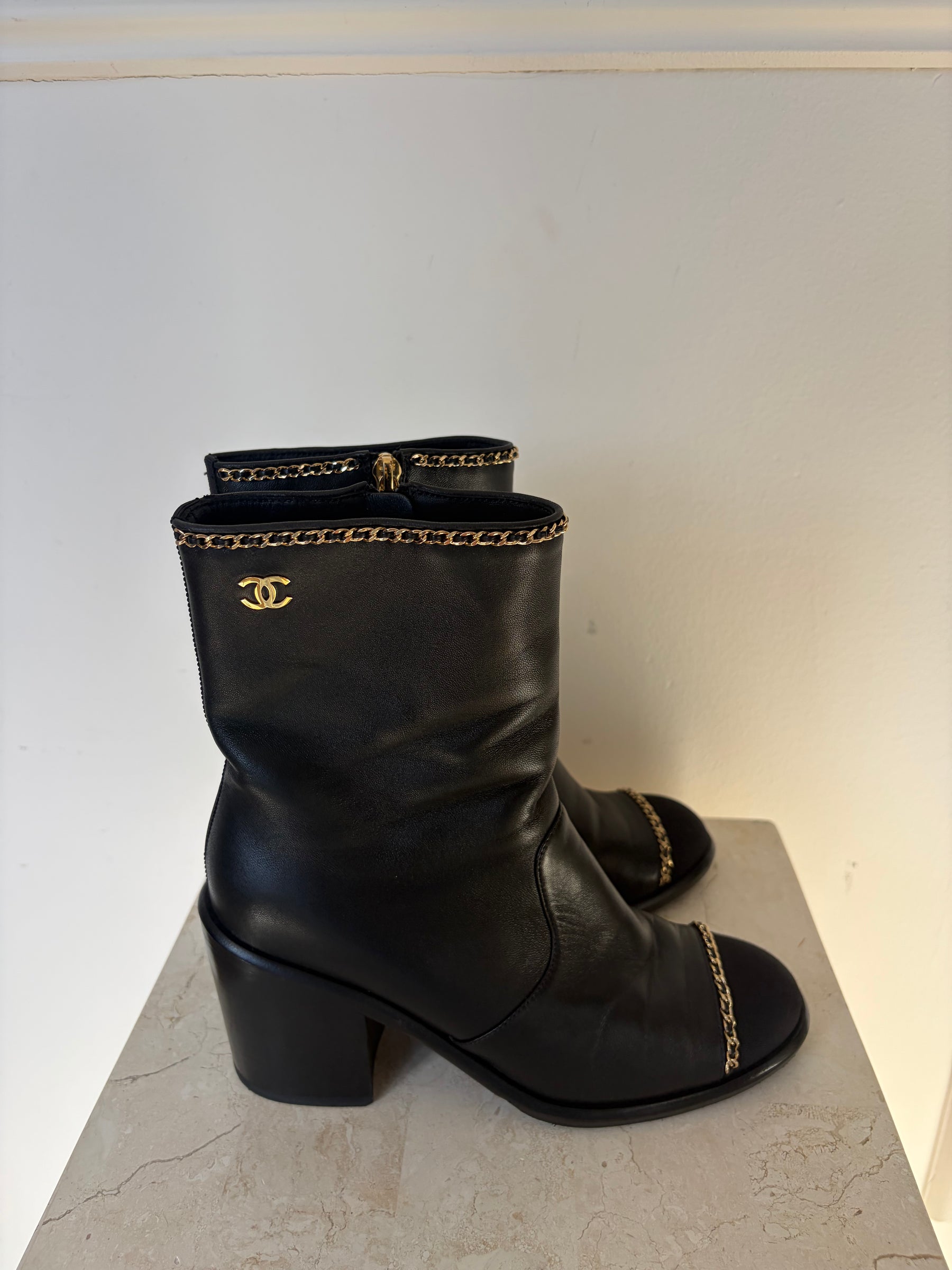Chanel Black Leather Gold Chain Boots, 36 C