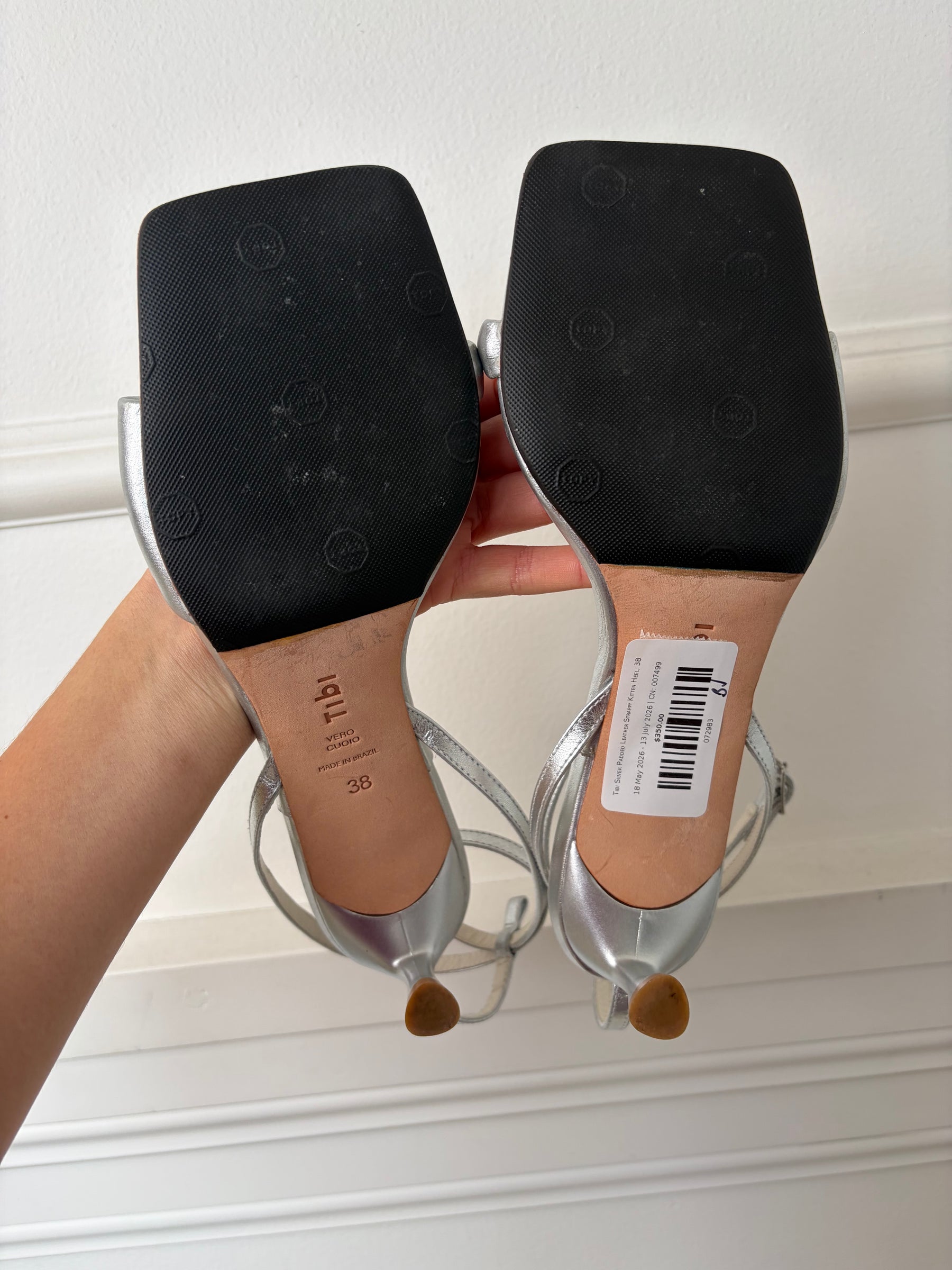 Tibi Silver Padded Leather Strappy Kitten Heel, 38