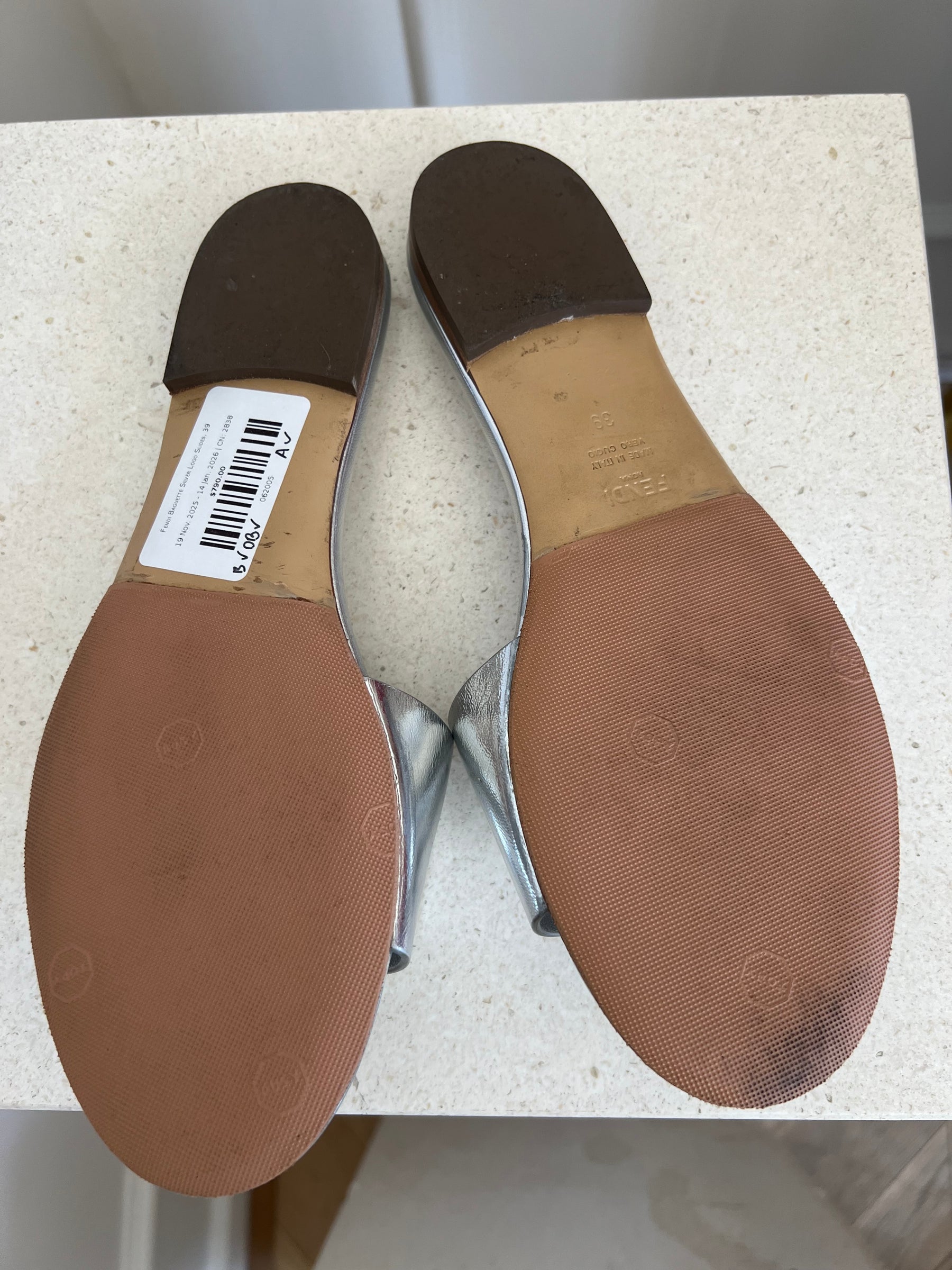 Fendi Baguette Silver Logo Slides, 39