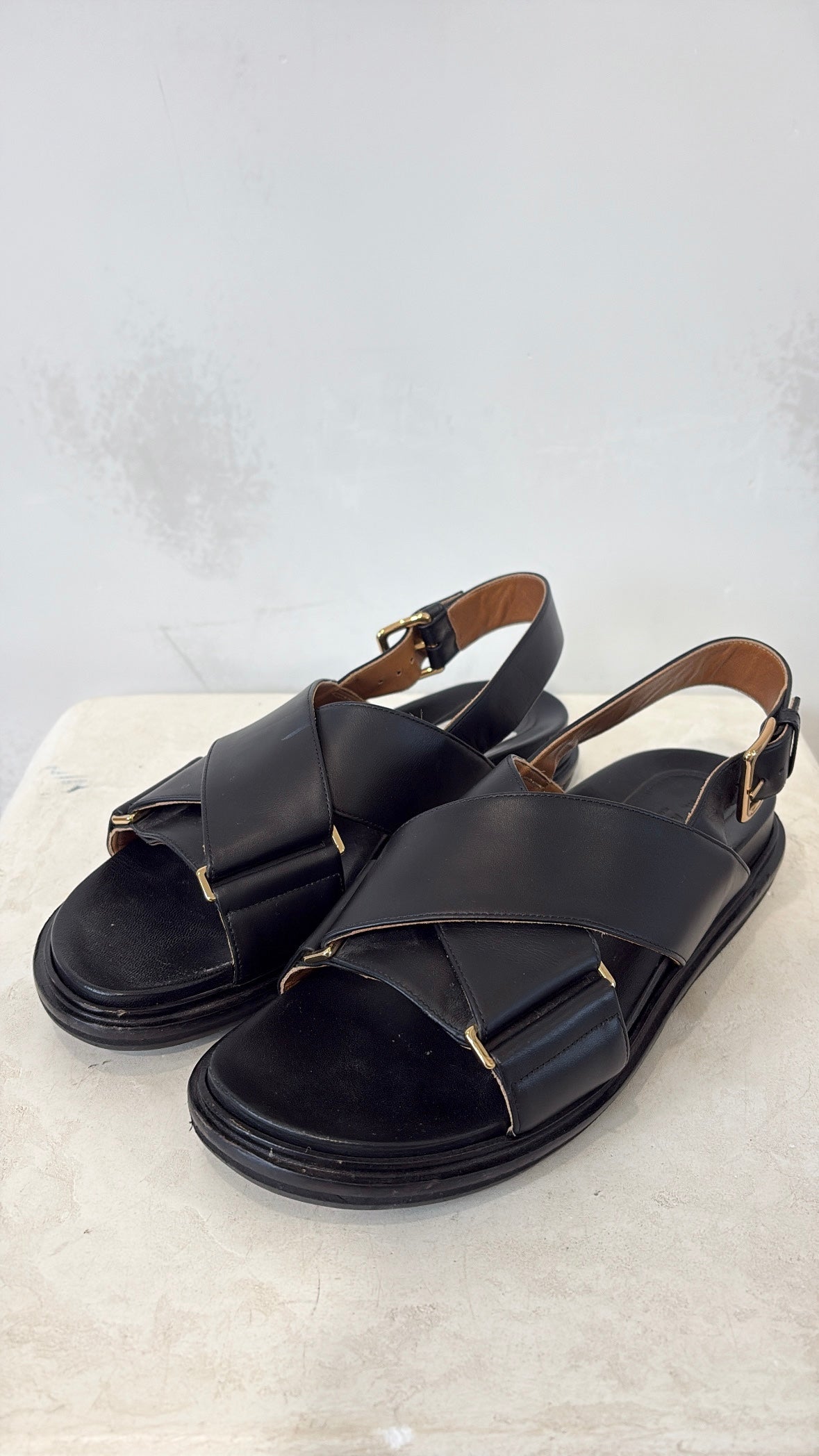 Marni Black Leather Fussbet Sandals, 40