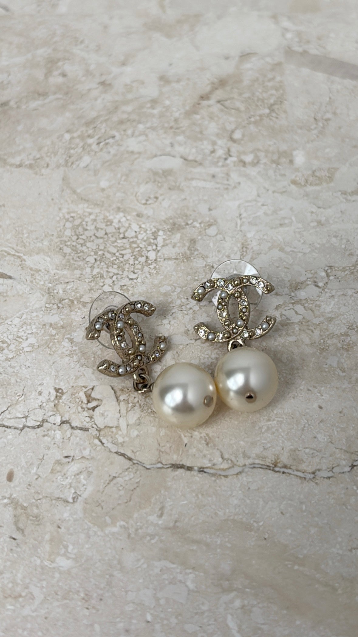 Chanel Gold and Crystal CC Pearl Drop Earrings