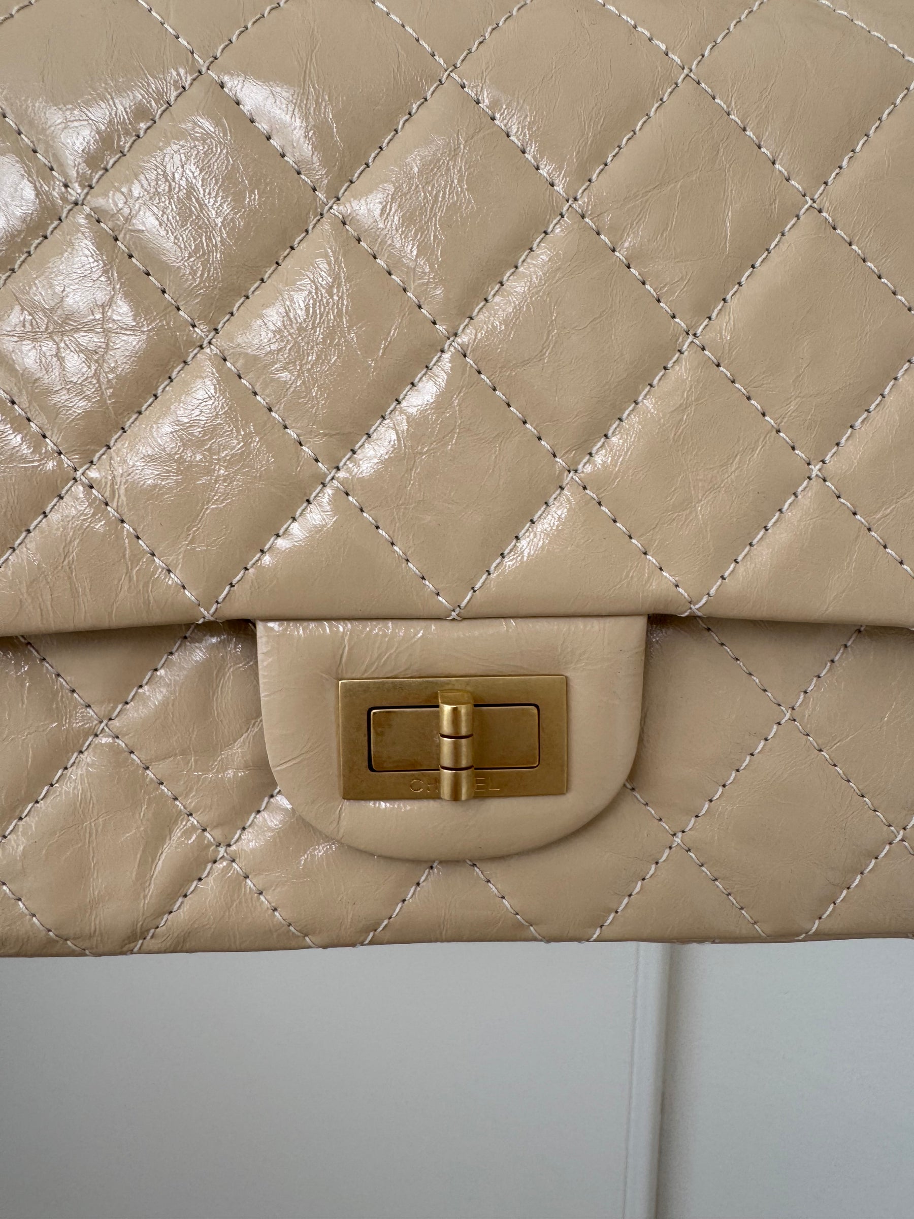 Chanel Beige Patent Leather Reissue 2.55 Jumbo Flap Bag