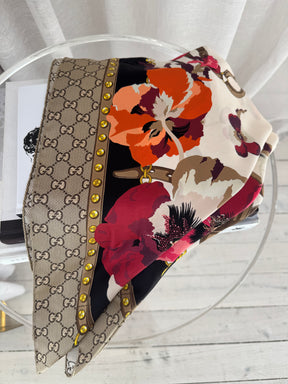Gucci Cream, Pink Monogoram Floral Silk Scarf