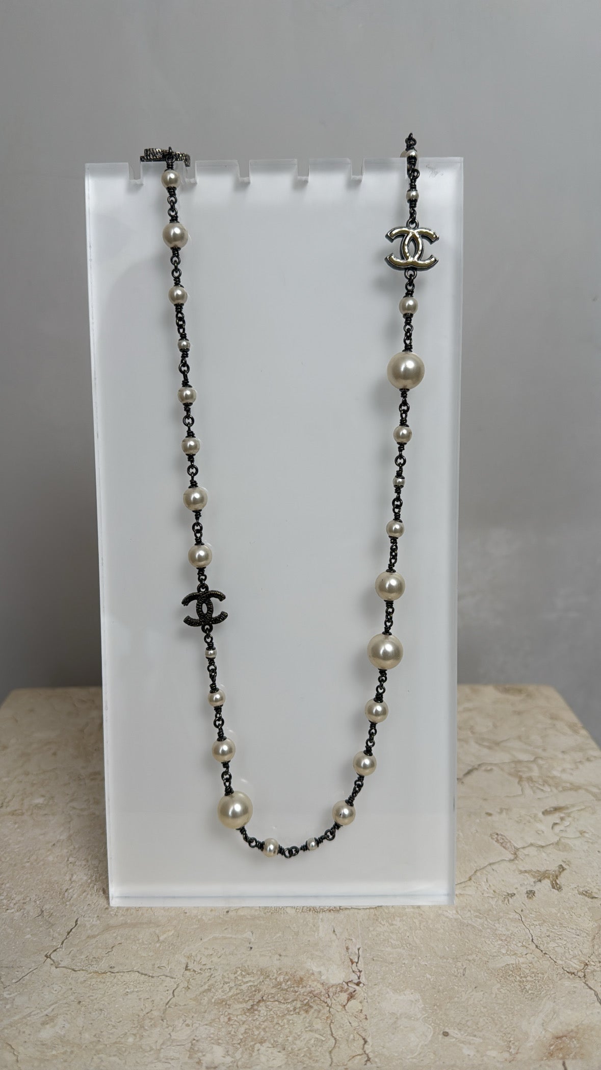 Chanel Pearl and Ruthenium Logo Necklace