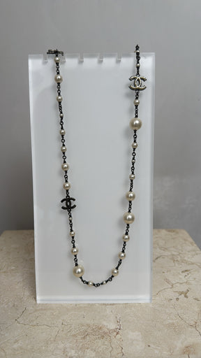 Chanel Pearl and Ruthenium Logo Necklace