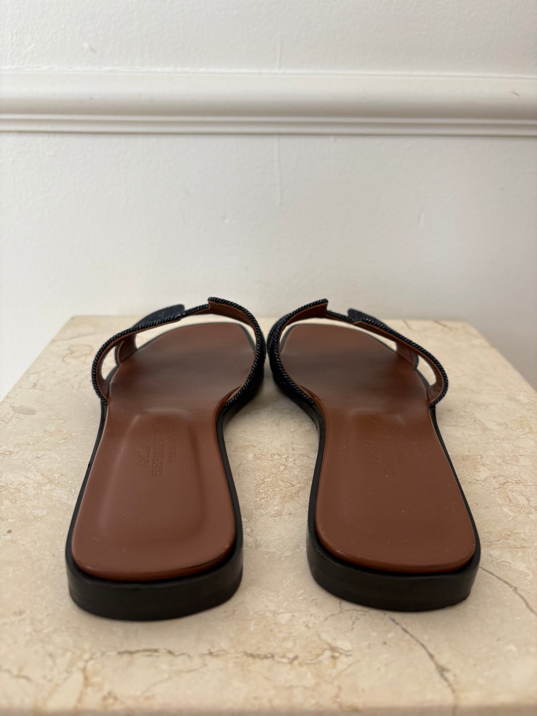 Hermès Indigo Denim Oran Slides, 36