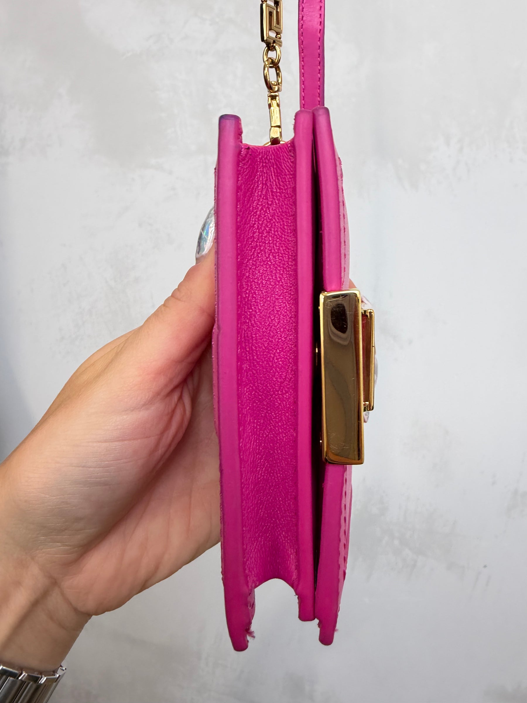 Versace Pink Leather Greca Goddess Chain Mini Wallet