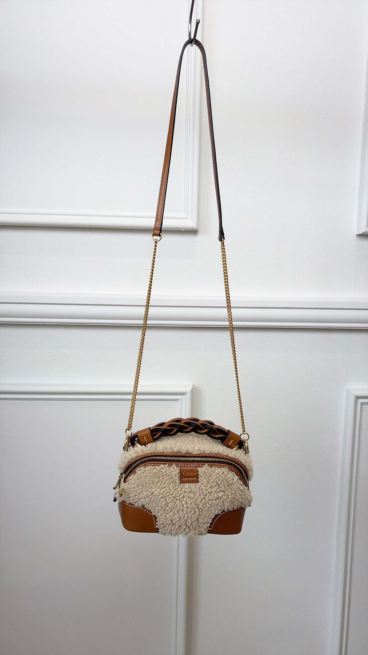 Chloé Tan Leather and Shearing Mini Daria Crossbody Bag