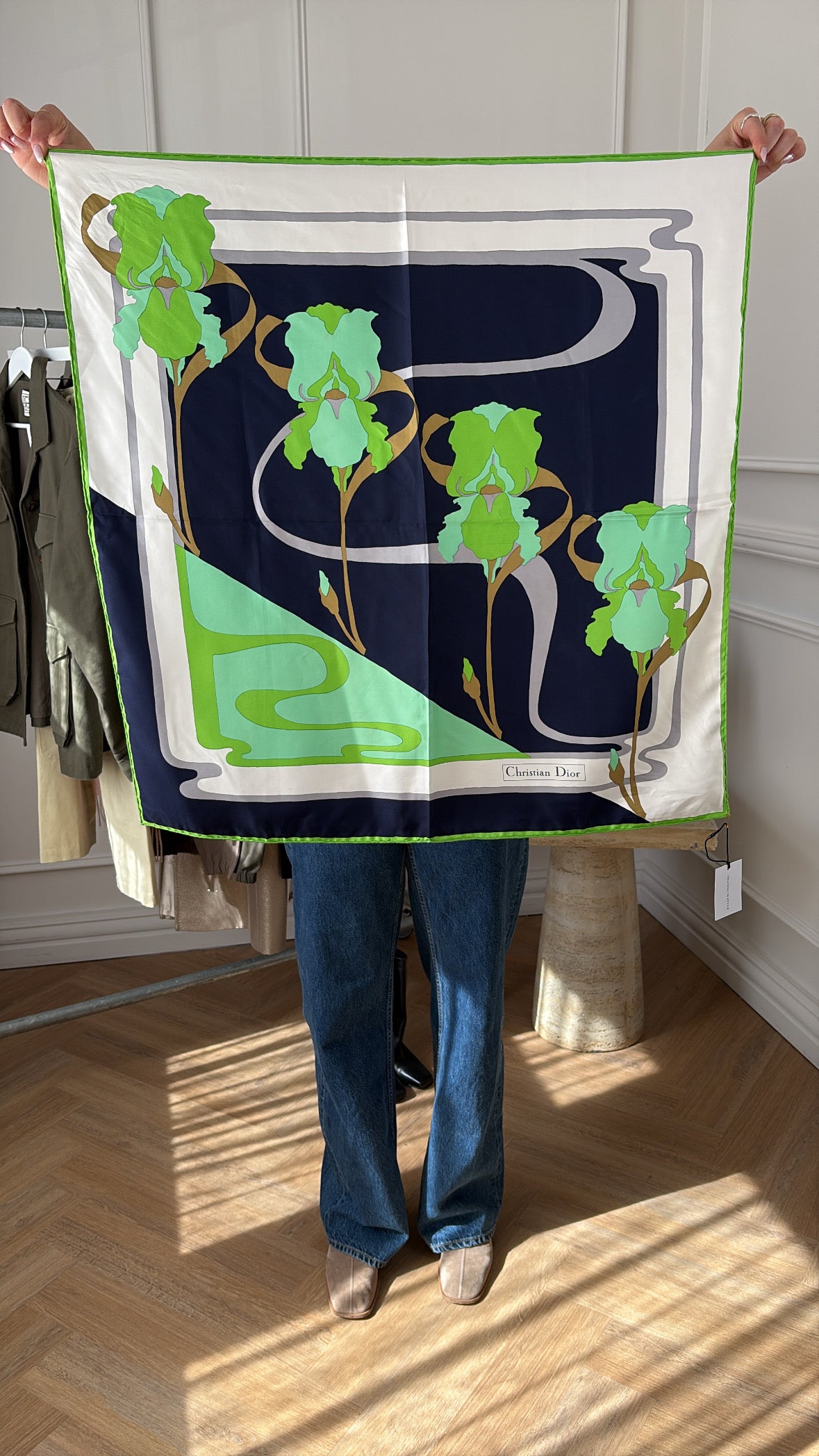 Dior Navy, Green and White Printed Silk Scarf