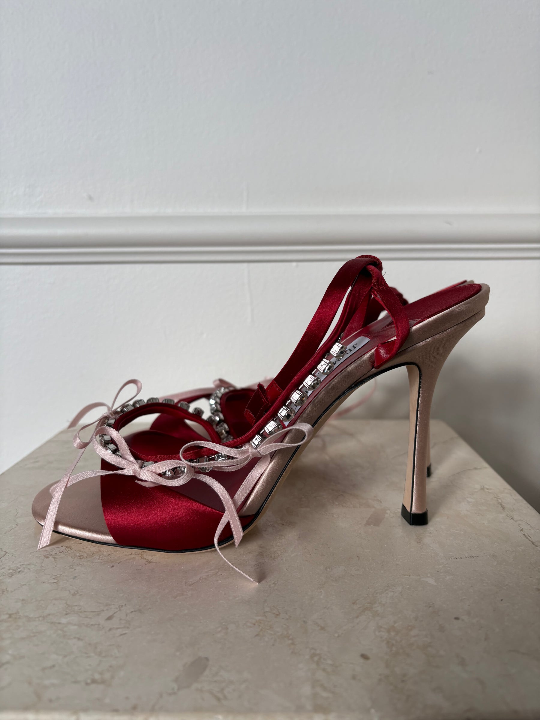 Jimmy Choo Red and Pale Pink Satin Crystal Bow Ankle Strap Heels, 39