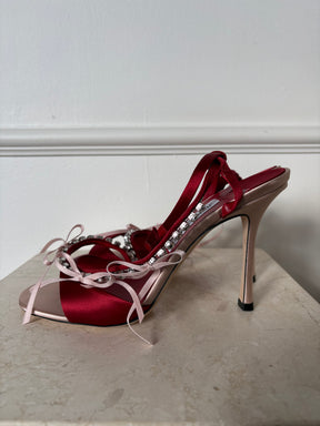 Jimmy Choo Red and Pale Pink Satin Crystal Bow Ankle Strap Heels, 39