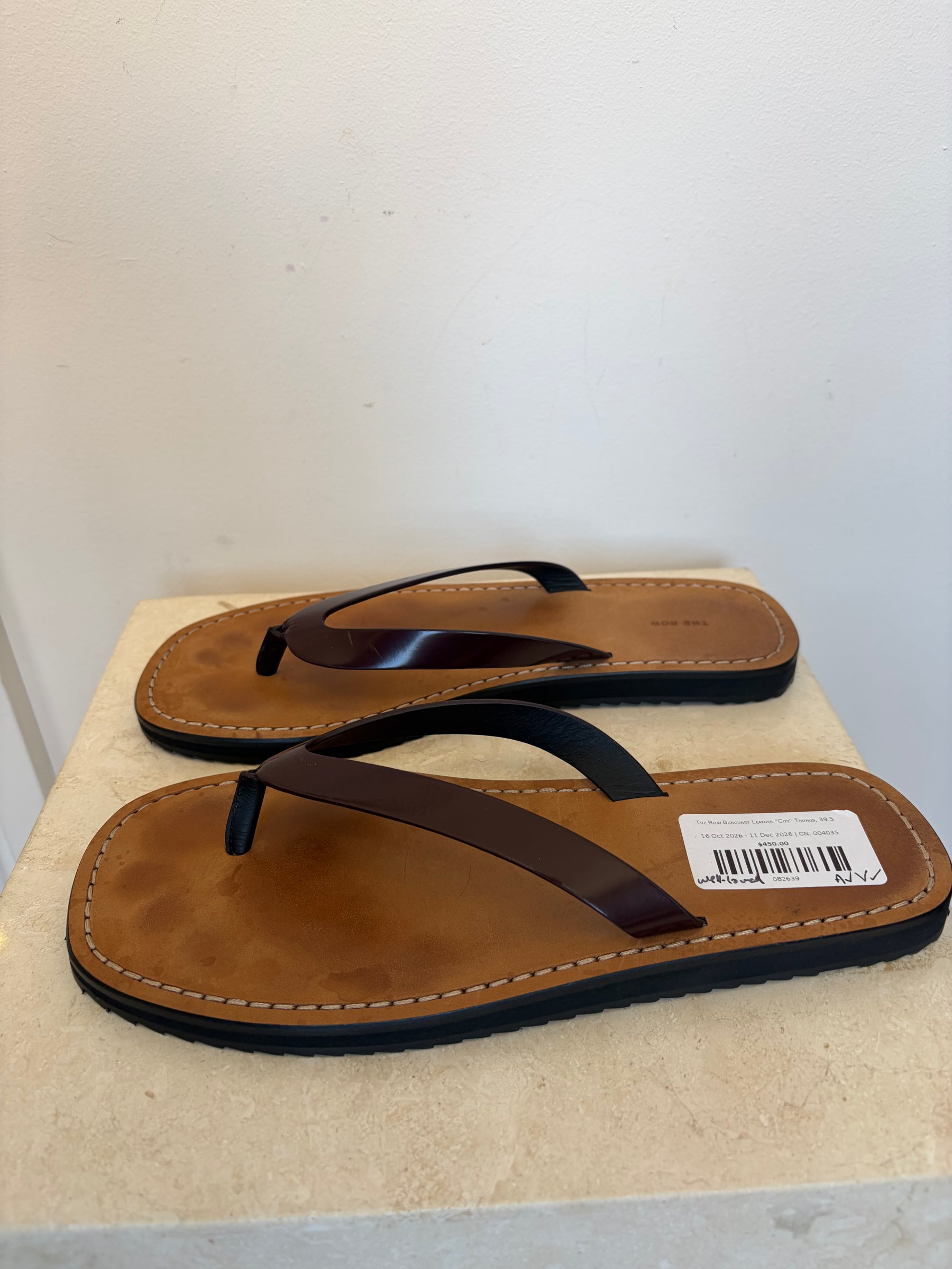 The Row Burgundy Leather "City" Thongs, 39.5