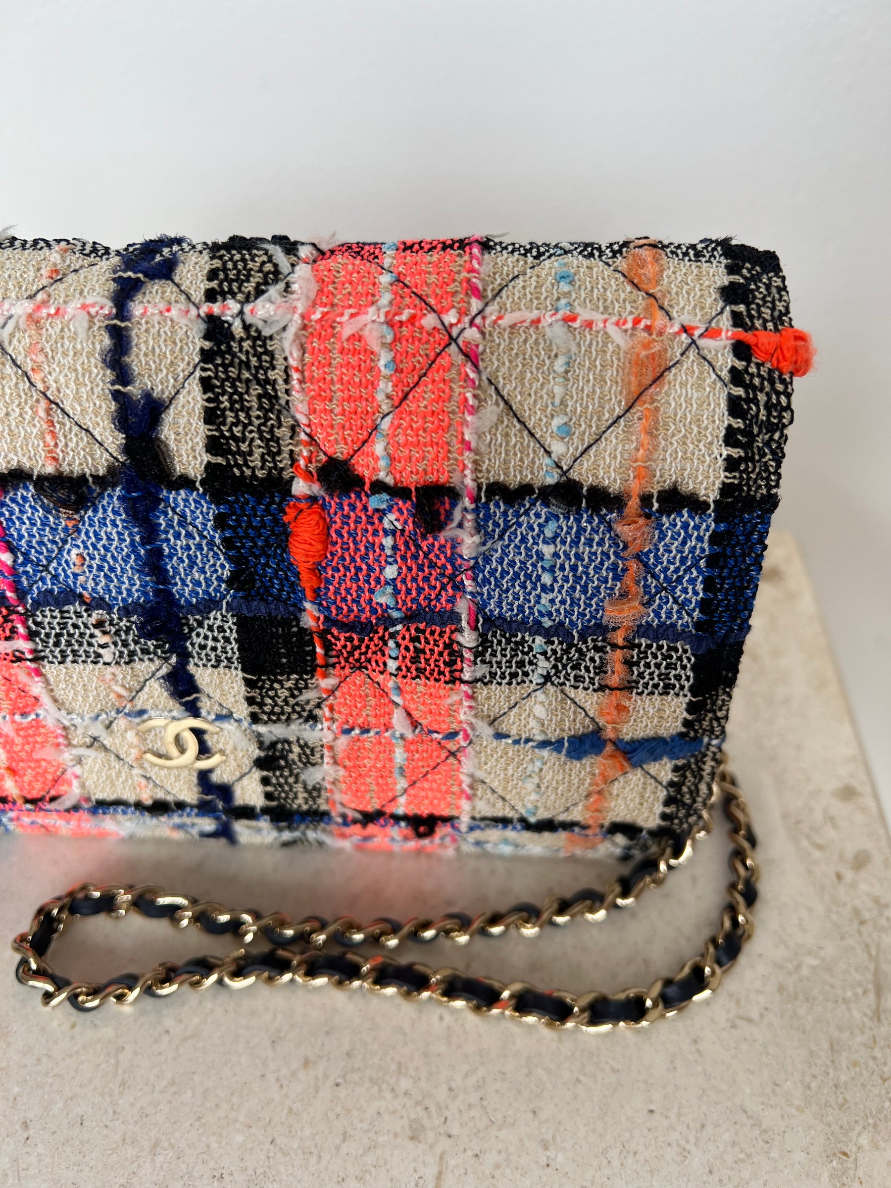Chanel Blue, Cream and Pink Tweed Wallet on Chain