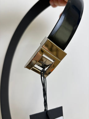 Saint Laurent Black Patent Leather Silver Buckle Belt, 80