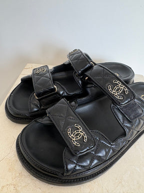 Chanel Black Quilted Leather Dad Sandal Slides, 38C