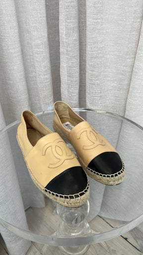 Chanel Beige and Black Leather Logo Espadrilles, 40
