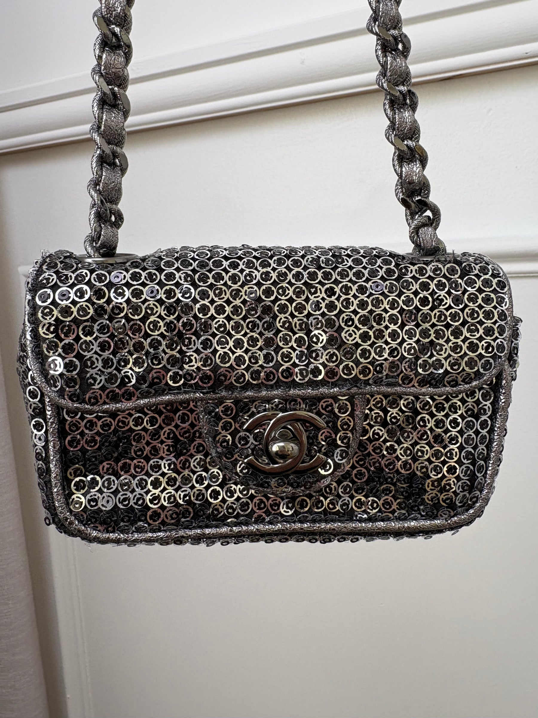 Chanel Pewter and Silver Hidden Sequin Micro Flap bag