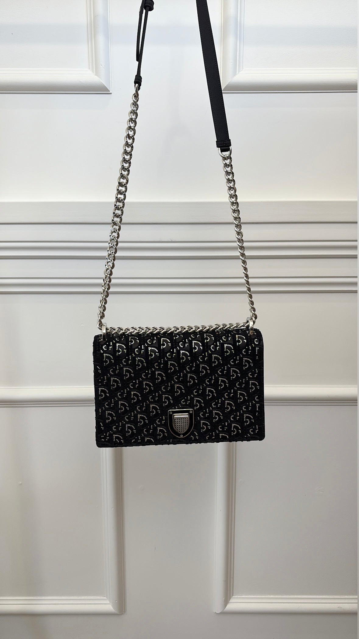 Dior Black Satin and Velvet Crystal Monogram Diorama Bag