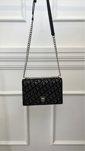 Dior Black Satin and Velvet Crystal Monogram Diorama Bag