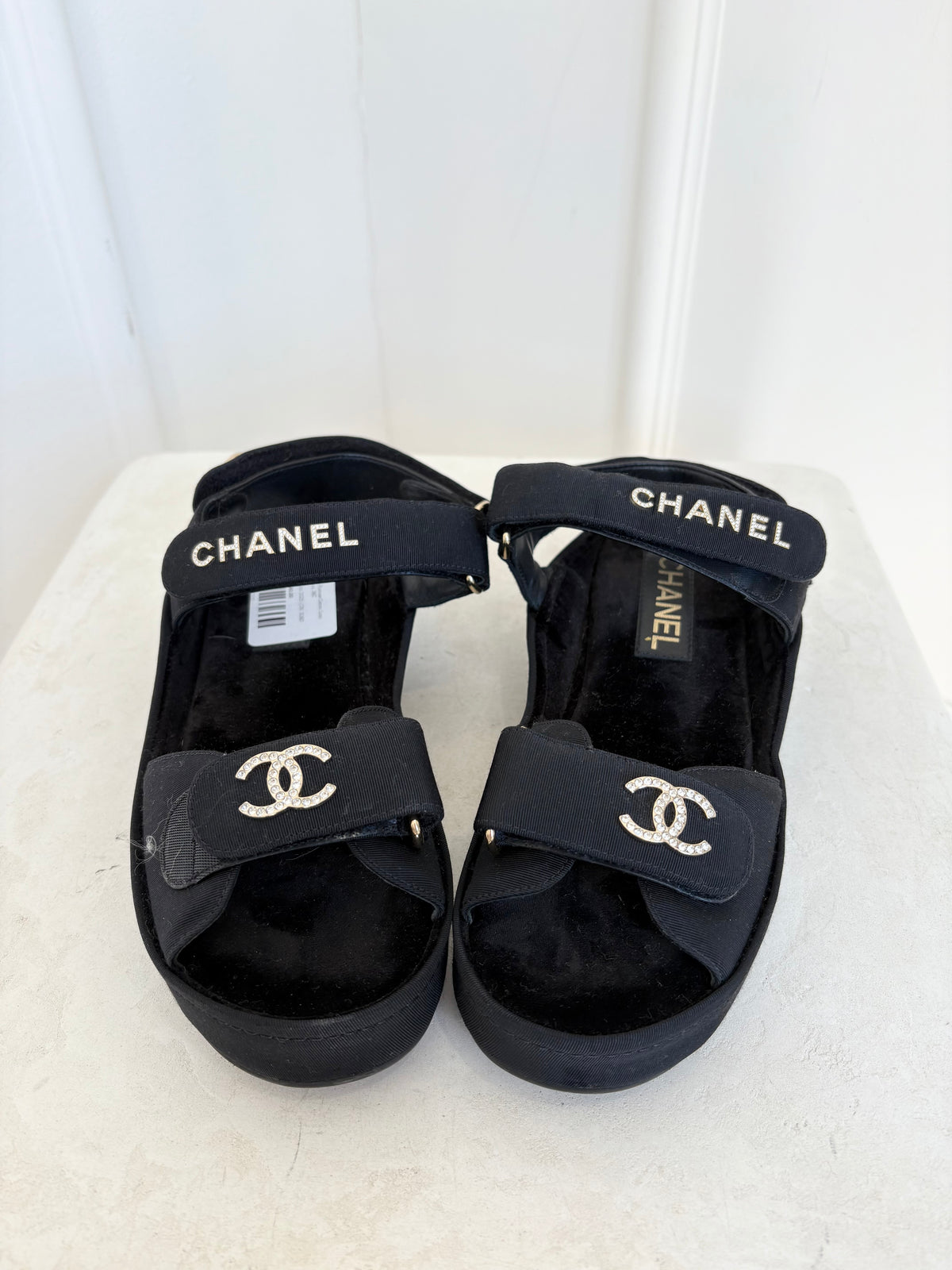 Chanel Black Canvas Platform Crystal Logo Sandals, 36C