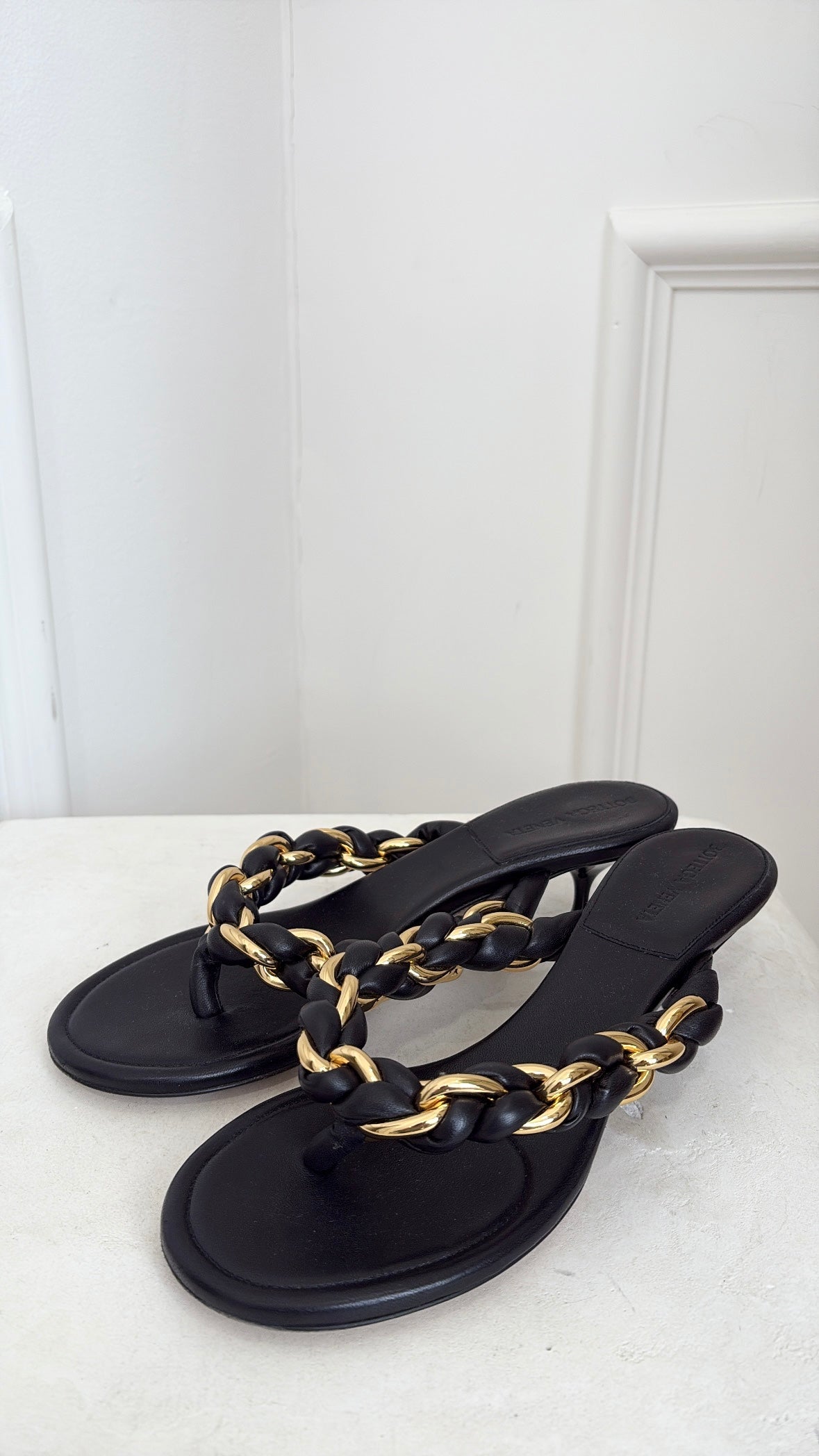 Bottega Veneta Black Leather with Gold Chain 'Dot' Sandals, 38.5
