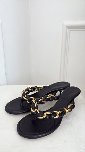 Bottega Veneta Black Leather with Gold Chain 'Dot' Sandals, 38.5