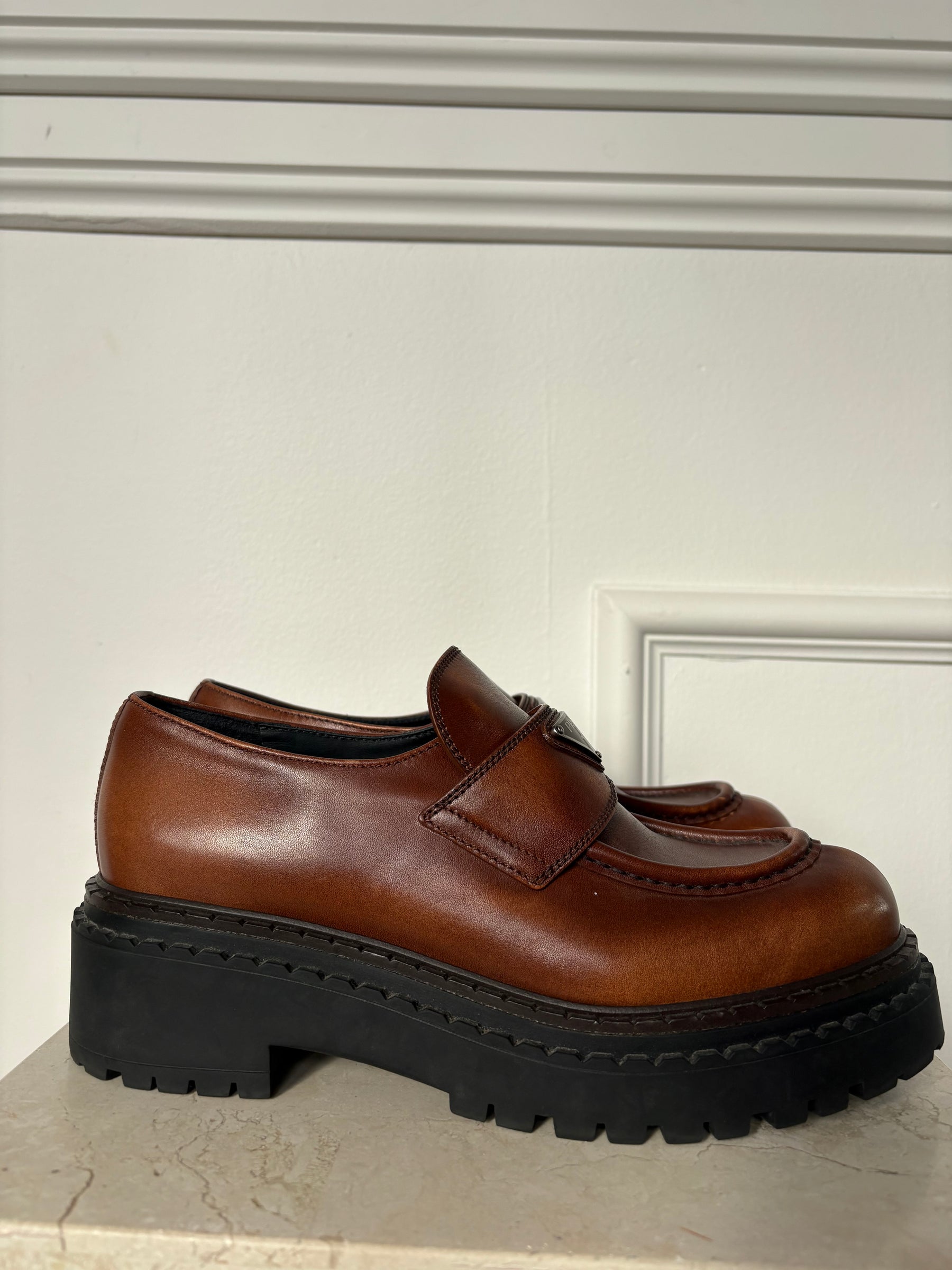 Prada Logo Leather Platform Loafers, 39