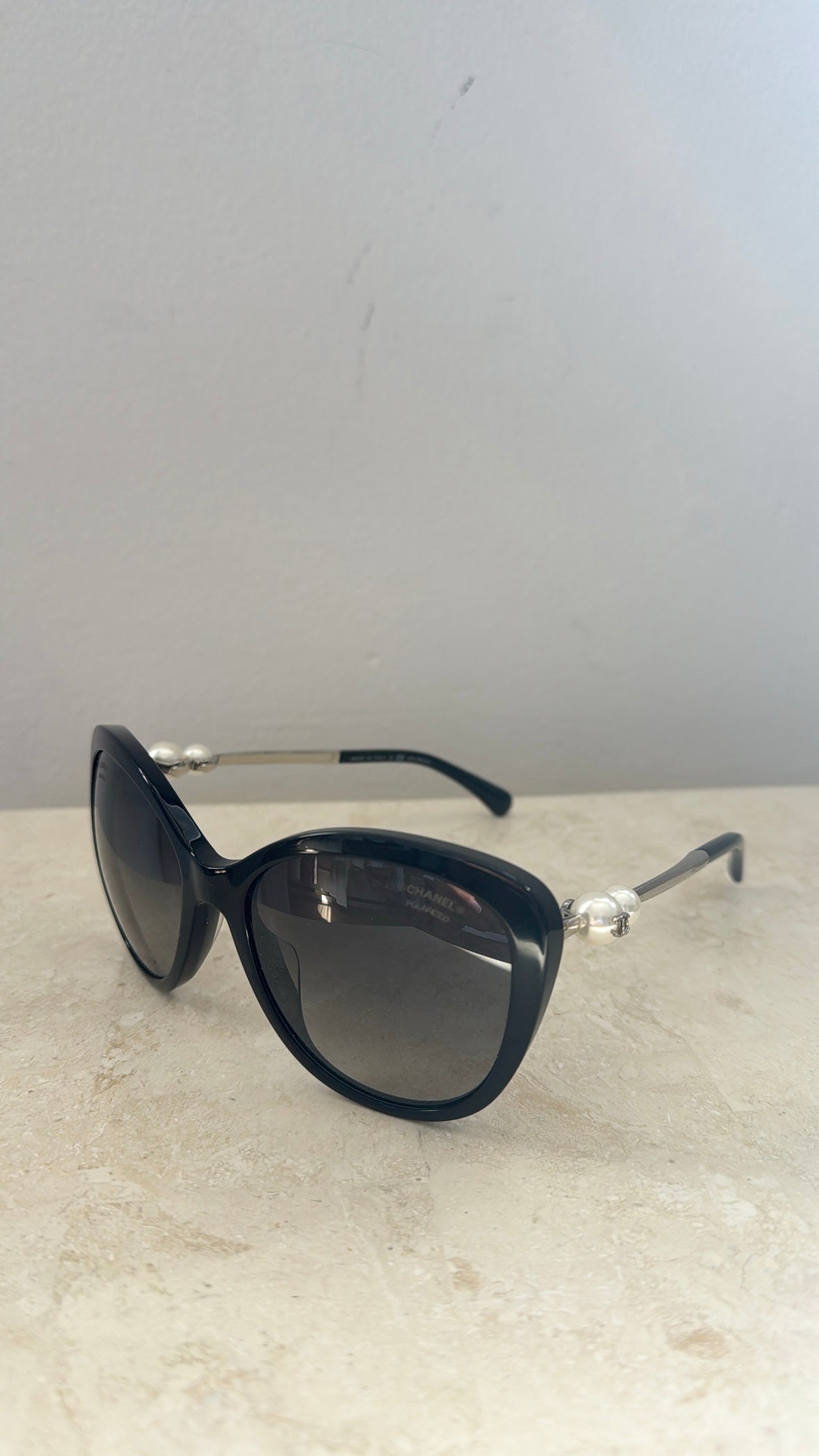 Chanel Black Oversized Pearl Arm Sunglasses