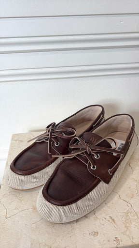 Miu Miu Brown Leather and Cream Canvas Deck Mules, 39