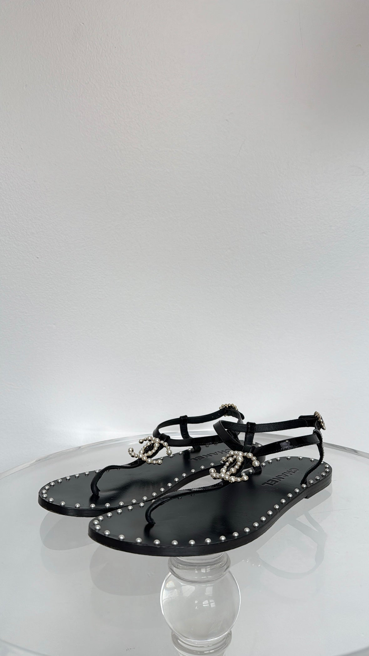 Chanel Black Leather Pearl Embellised Sandals, 38.5C