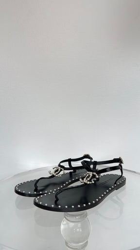 Chanel Black Leather Pearl Embellised Sandals, 38.5C
