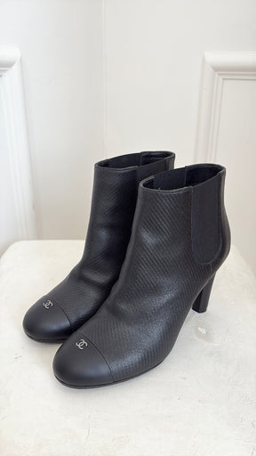 Chanel Black Leather CC Cap Toe Ankle Boots, 38