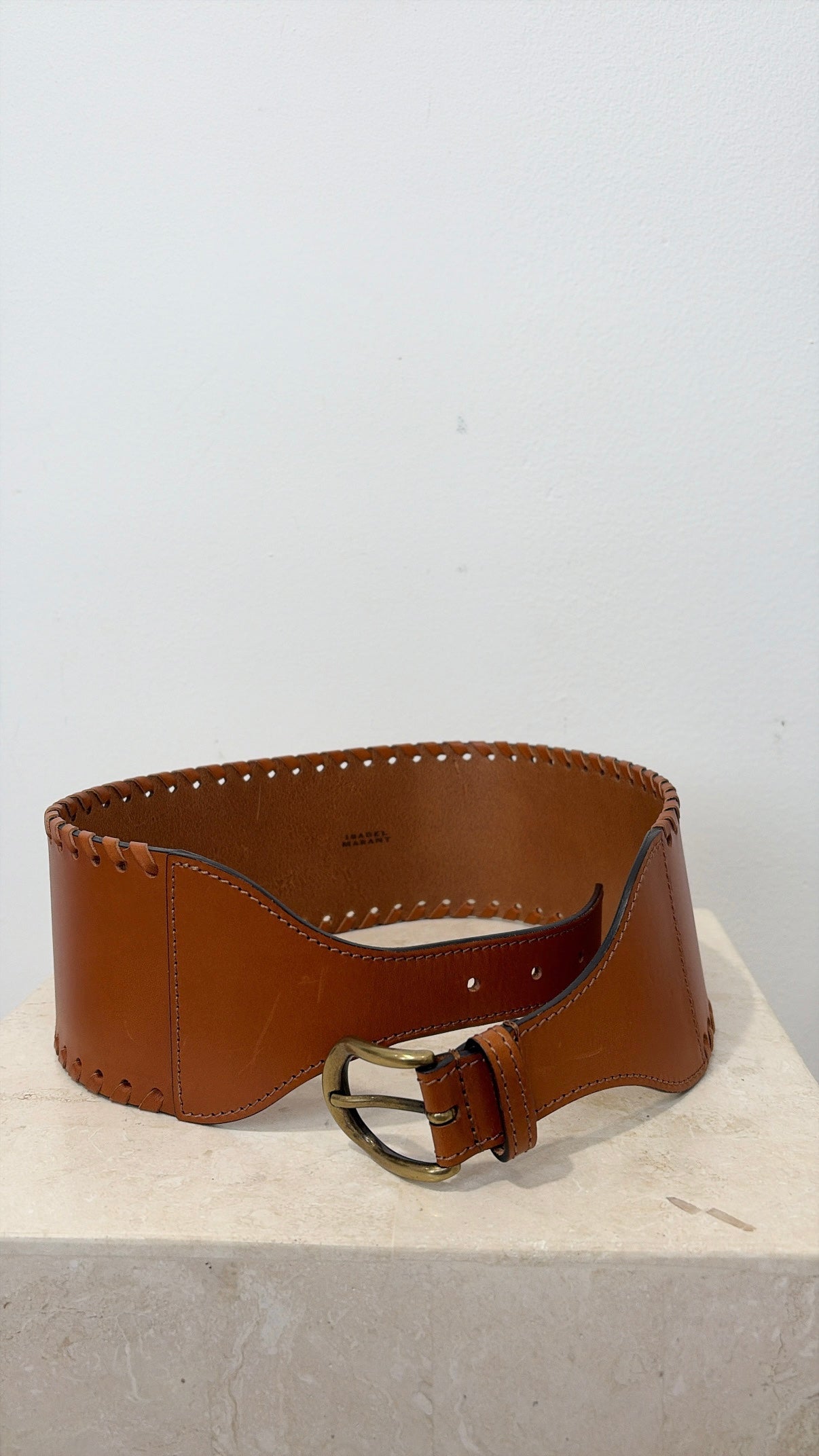Isabel Marant Tan Leather Whipstitch Waist Belt, 80