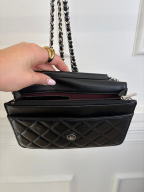 Chanel Black Quilted Wallet On Chain Silver Hardware