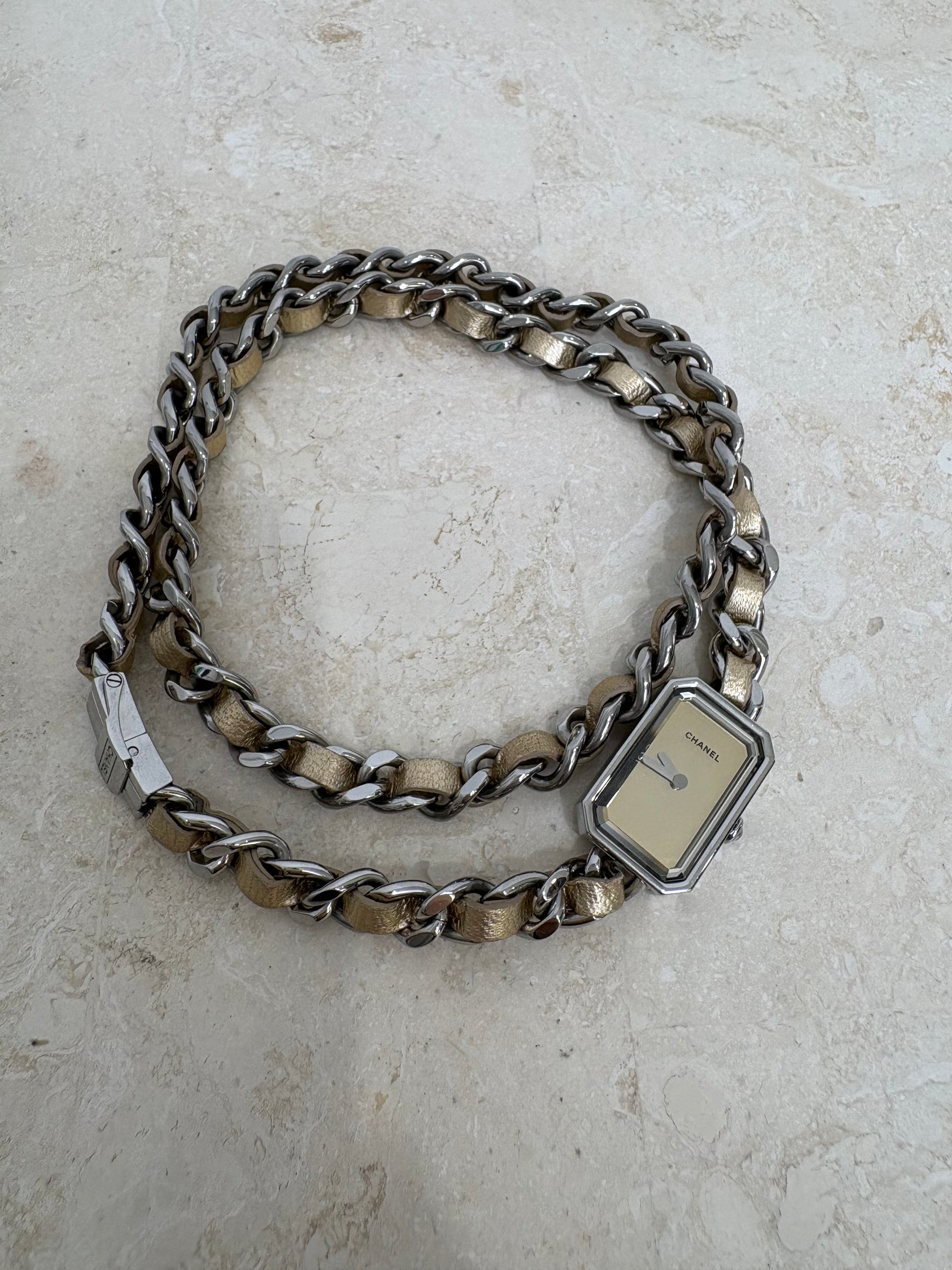 Chanel Gold Leather and Silver Chain Wrap Around Premiere Watch